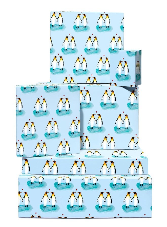 CENTRAL 23 6 Sheets of Blue Wrapping Paper - Penguins and Hearts - For Anniversary - Gift Wrap Sheets for Husband Wife - Valentines Day Wrapping Paper for Boyfriend Girlfriend - Recyclable - Image 1